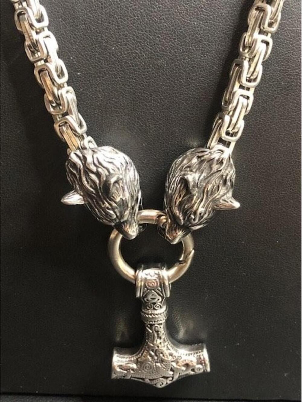 B1698 Steel Viking Hammer Mjolnir Pendant Wolf Head Kings Chain Necklace 26"